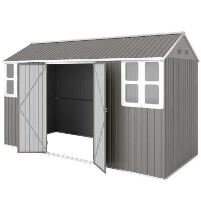 Outsunny 12' x 5.5' Metal Garden Storage Shed, Outdoor Tool Storage House with Lockable Door, Vents, Sloped Roof, Light Grey