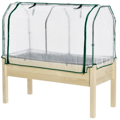 Outsunny Raised Garden Bed with PE Greenhouse Cover Outdoor Elevated Wood Planter Box for Herbs and Vegetables, Use for Patio, Backyard, Balcony, 48 x 22 x 46 inch, Natural