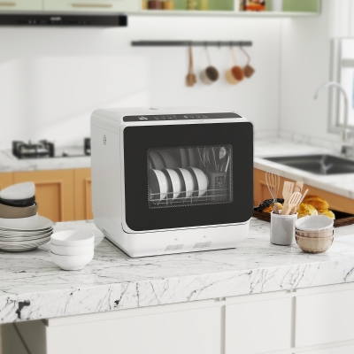 HOMCOM Countertop Dishwasher with Built-in 6L Water Tank, 5 Wash Programs, Touch Control, LED Display, Dual Water Supply, White