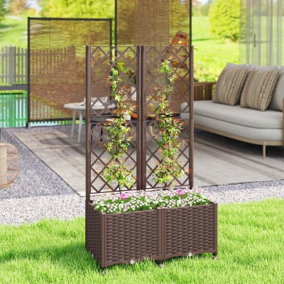 Outsunny Planter Box with Trellis, Self-Watering Raised Bed, Brown