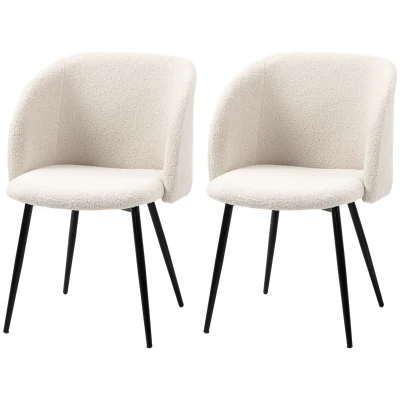 HOMCOM Dining Chairs Set of 2, Sherpa Fleece Upholstered Kitchen Chairs with Backrest and Steel Legs, Cream White