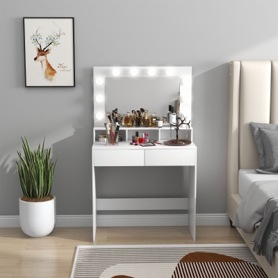 HOMCOM Vanity Table, Makeup Dressing Table with LED Lighting Mirror, Drawers, for Bedroom, White