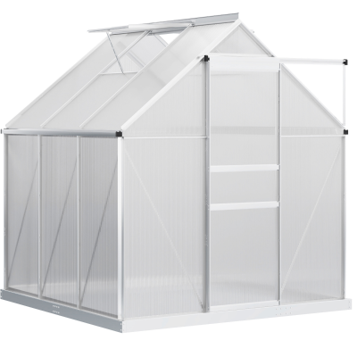 Outsunny 6' x 6' x 6.5' Polycarbonate Greenhouse, Walk-in Green House with Adjustable Roof Vent, Galvanized Base, Sliding Door and Rain Gutter for Outdoor, Garden, Backyard, Clear