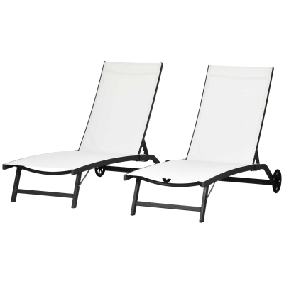 Outsunny Outdoor Lounge Chair Set of 2, Tanning Chair with Wheels, Breathable Mesh for Patio, Backyard, Poolside, Cream White
