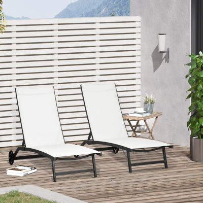 Outsunny Outdoor Lounge Chair Set of 2, Tanning Chair with Wheels, Breathable Mesh for Patio, Backyard, Poolside, Cream White