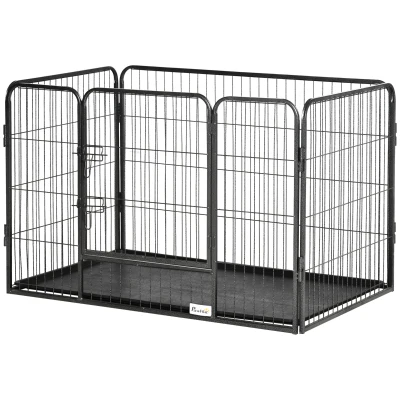 PawHut 4 Panels Dog Playpen, Heavy Duty Dog Fence, 28" H Portable Pet Playpen with Door Double Locking Latches, Tray, Grey