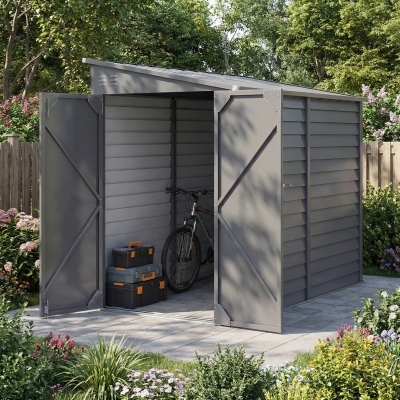 Outsunny 4.6' x 9' Steel Outdoor Storage Shed, Lean to Shed, Metal Tool House with Foundation Kit, Lockable Doors, Gloves and 2 Air Vents for Backyard, Patio, Lawn, Grey