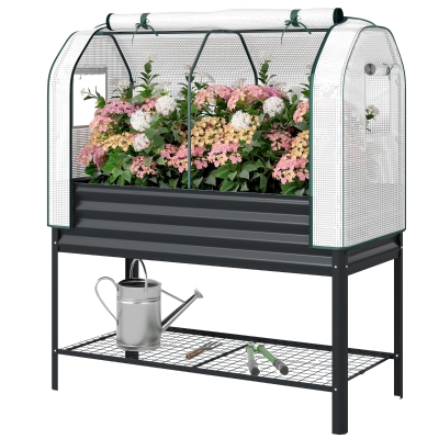 Outsunny Galvanized Metal Raised Garden Bed with Greenhouse Cover, Black