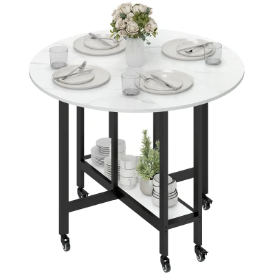 HOMCOM Folding Dining Table, Drop Leaf Table with Open Shelf, Rolling Kitchen Table for Dining Room, Small Spaces, White Marble