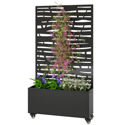 Outsunny Metal Planter Box with Trellis, Raised Garden Bed with Twigs Slatted Cut-Out Privacy Screen and Wheels