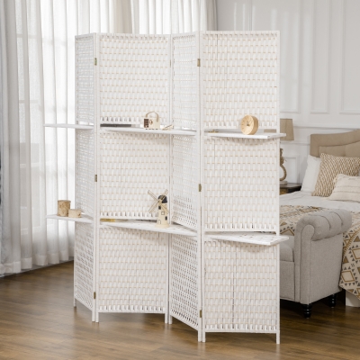 HOMCOM 4 Panel Room Divider with Shelves, 6 FT Freestanding Folding Privacy Screen, Partition Wall Divider for Bedroom, White