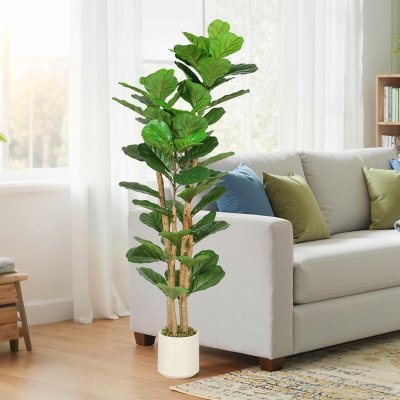 HOMCOM 5FT Artificial Fiddle Leaf Fig Tree, Fake Potted Tree with Solid Wood Trunks for Indoor Decor, Green