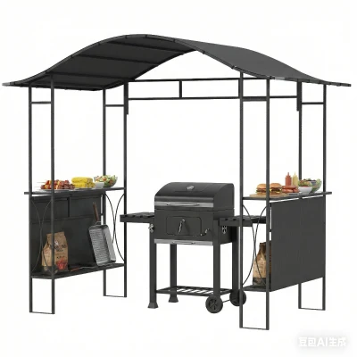 Outsunny 8' x 5' Grill Gazebo Canopy, Outdoor BBQ Shelter with 2 Side Shelves, Dark Grey