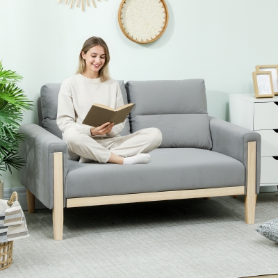 HOMCOM 53" Loveseat Sofa, Small 2 Seater Couch with Solid Wood Legs, Modern Velvet Sofa for Living Room, Small Spaces, Grey