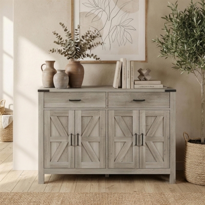 HOMCOM Side Cabinet, Farmhouse Kitchen Storage Cabinet w/ 2 Drawers and Shelves for Living Room, Entryway, Grey