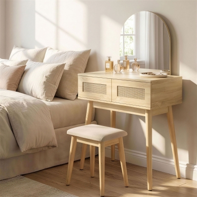 HOMCOM Vanity Desk, Makeup Vanity with with Mirror and 2 Drawers, Natural Wood