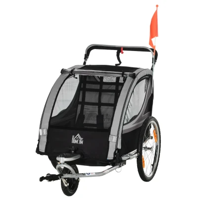 Aosom 2 Seat Bike Trailer for Kids 2-in-1 Baby Stroller with Handbrake, Rubber Wheels, 5 Point Harness, Reflectors, Grey