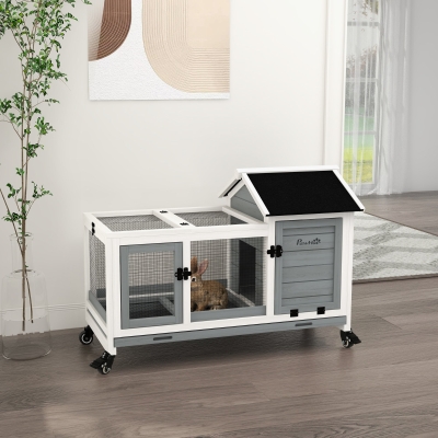 PawHut Rabbit Cage with Wheels, Ramp, Run, Tray for Indoor Outdoor, Suitable for Rabbit, Guinea Pig, Grey
