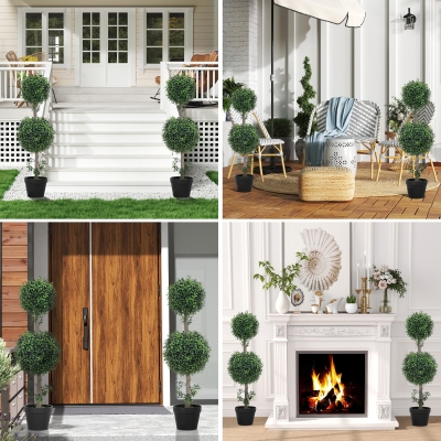 HOMCOM 2 Pack 36.1" Artificial Trees, Boxwood Topiary Ball Trees with Pot for Indoor, Outdoor, Home Office, Living Room, Green