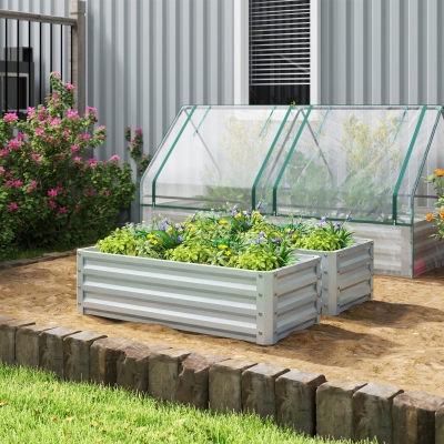 Outsunny Galvanized Raised Garden Beds, Outdoor Planter Box, Set of 2, for Flowers, Herbs and Vegetables, Silver