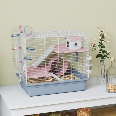 PawHut Hamster Cage, 3-Tier Small Animal Cage with Excerise Wheel, Food Bowl, Water Bottle, House, Tunnels, Ramps