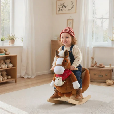 Qaba Kids Rocking Horse Toy with Lullaby, Plush Fabric, Brown