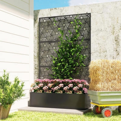 Outsunny Metal Planter Box with Trellis, 70" Tall Raised Garden Bed with Privacy Screen, Hexagon and Line Cut-Out