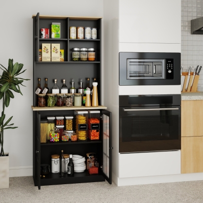 HOMCOM Kitchen Buffet with Hutch, Storage Pantry with 3 Cabinets, 2 Open Shelves and Large Countertop, Black