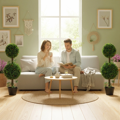 HOMCOM 3FT Artificial Boxwood Topiary Tree Set of 2, Faux Two Ball Topiary Tree in Pot for Indoor Outdoor Decor, Green