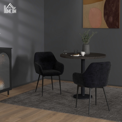 HOMCOM Dining Chairs Set of 2, Velvet-look Fabric Upholstered Kitchen Chairs with Backrest, Armrests and Steel Legs, Black