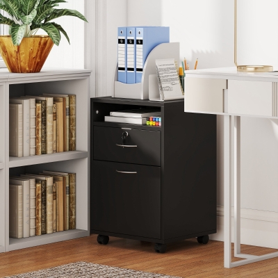 HOMCOM 24" Small Filing Cabinet with Open Compartment, Drawer and Wheels, Home Office Storage Cabinet, Black