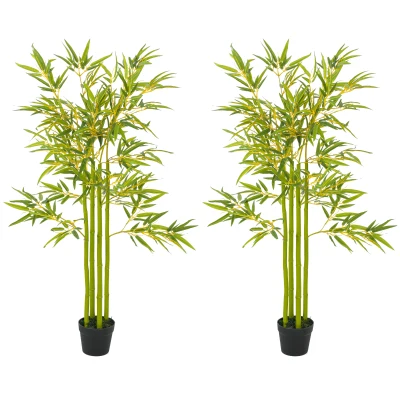 Outsunny 4FT Artificial Bamboo Tree Set of 2, Faux Decorative Plant in Nursery Pot for Indoor Decor
