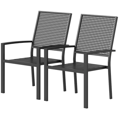Outsunny Stackable Patio Chairs Set of 2, Outdoor Dining Chairs with Faux Wicker Steel Mesh Back, Slatted Seat, Armrests, Black