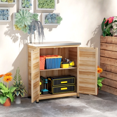 Outsunny Garden Storage Cabinet, Outdoor Potting Bench Table with Metal Tabletop, Shelf and Double Doors, Natural