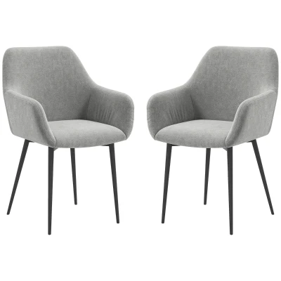 HOMCOM Dining Chairs Set of 2, Velvet-look Fabric Upholstered Kitchen Chairs with Backrest, Armrests and Steel Legs, Dark Grey