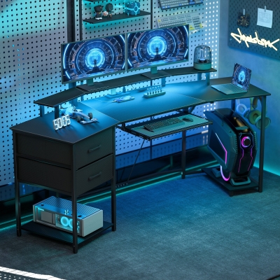 HOMCOM 79 inch Gaming Desk with RGB Lights, Computer Table with Power Outlets & USB Ports, Keyboard Tray and 2 Drawers, Black