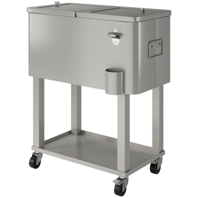Outsunny 60 Quart Rolling Outdoor Cooler, Portable Rolling Patio Cooler Cart with Locking Wheels, Storage Shelf, Silver