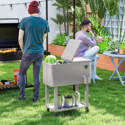 Outsunny 60 Quart Rolling Outdoor Cooler, Portable Rolling Patio Cooler Cart with Locking Wheels, Storage Shelf, Silver