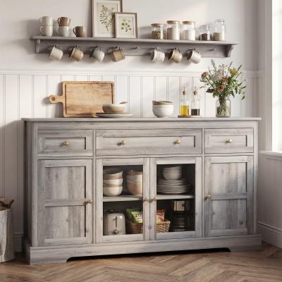 HOMCOM Dining Room Sideboard Buffet Cabinet with Storage, Coffee Bar Cabinet with Glass Doors and Adjustable Shelves, Weathered Grey Oak