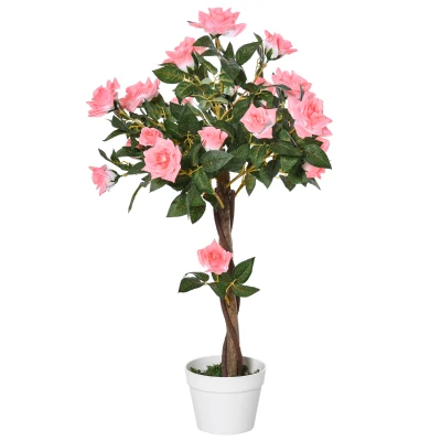 Outsunny 3FT Artificial Plant Pink Rose Floral in Pot, Fake Plant for Home Indoor Decor