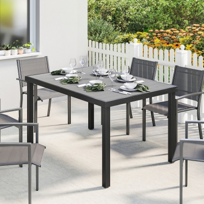 Outsunny Rectangular Patio Table for 6, Outdoor Dining Table with Wood-Plastic Composite Top and Steel Frame for Garden, Grey