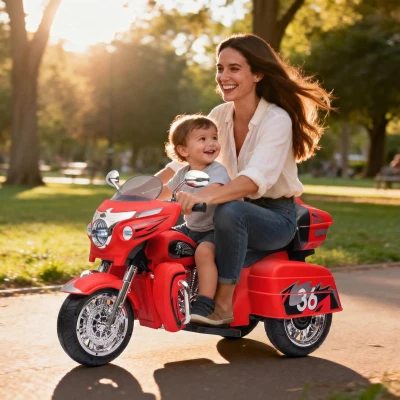 2-Seat 12V Kids Electric Ride-On Motorcycle with Storage Trunk, Red