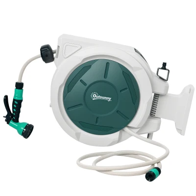 Outsunny 1/2 in x 65ft Wall Mounted Garden Hose Reel, Retractable Water Hose Reel with Auto Rewind, Any Length Lock, Green