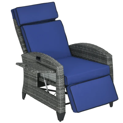 Outsunny Outdoor Recliner Chair with Adjustable Backrest, Cushion, Side Tray, Dark Blue
