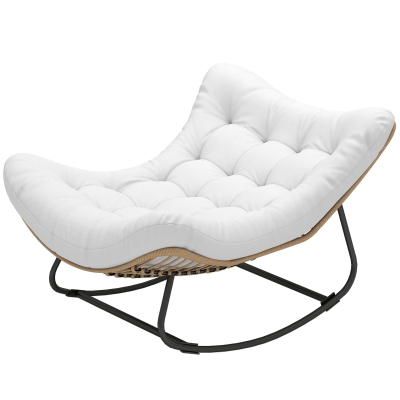 Outsunny Oversized Rattan Patio Egg Chair, Outdoor Rocking Chair with Padded Cushion for Indoor, Porch, Cream White
