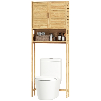 HOMCOM Over the Toilet Cabinet, Bathroom Organizer with 2 Doors, Open Compartment and Adjustable Shelf, Natural Wood Finish