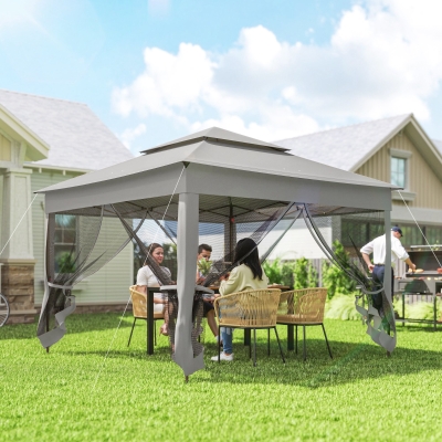 Outsunny 11' x 11' Pop Up Canopy 2-Tier Soft Top Shelter Event Tent w/ Netting Carry Bag for Patio Backyard Garden, Light Grey