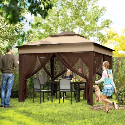 Outsunny 10.7 x 10.7ft Pop Up Gazebo, Adjustable Instant Sun Shelter with UV30+ Roof Cover, Removable Mesh Curtains, Beige