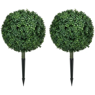 HOMCOM Artificial Boxwood Trees w/ Ground Stake, Set of 2 Ball Shaped Topiary Trees for Home Office & Living Room, UV Resistant