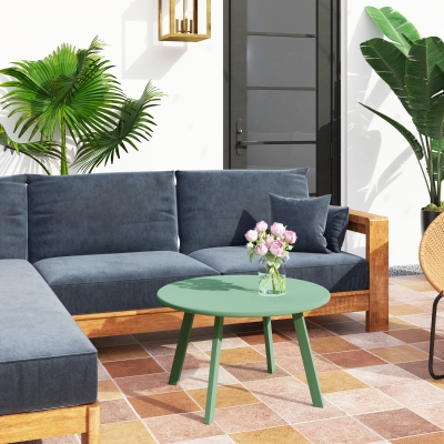 Outsunny Round Outdoor Side Table, Patio Coffee Table with Metal Frame and Non-Slip Foot Pads, Green